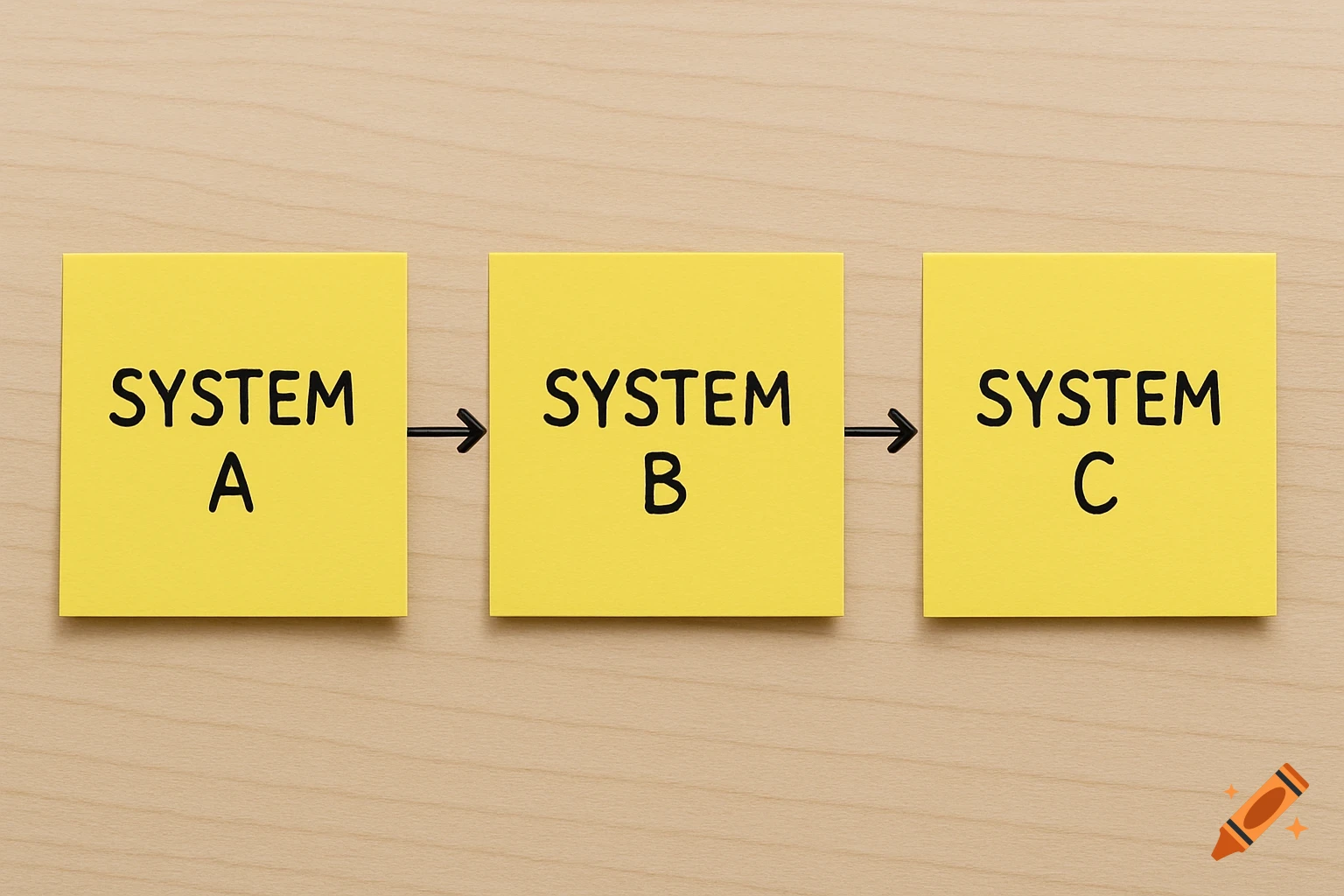 Three yellow sticky notes labeled SYSTEM A, SYSTEM B, and SYSTEM C connected by arrows on a wooden surface, showing a process flow.