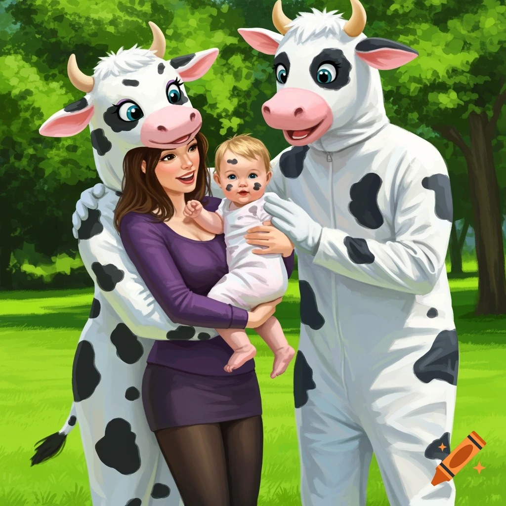 Illustration of a family, two adults in cow costumes holding a baby