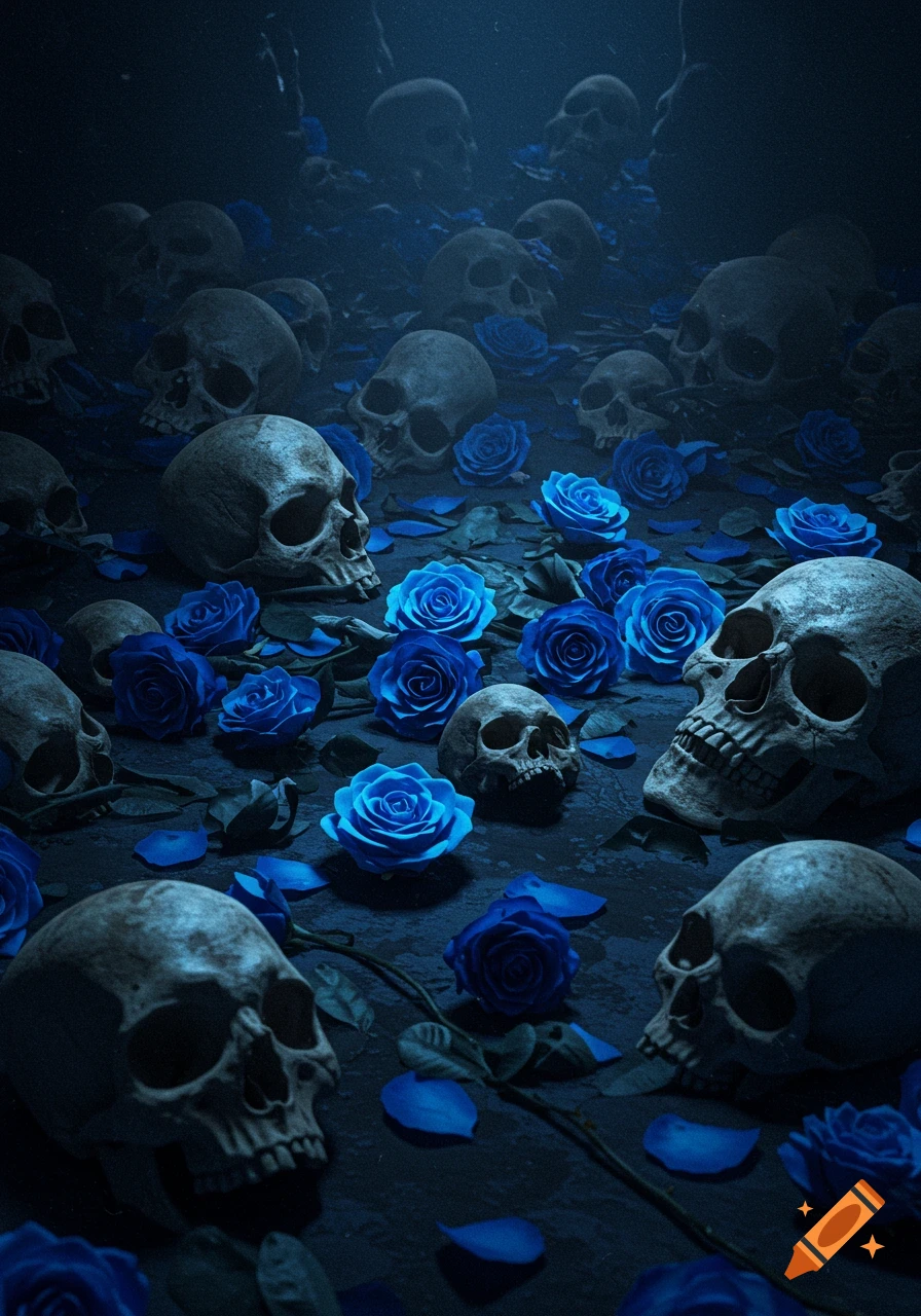 Skulls and bright blue roses are scattered across a dark, textured floor.
