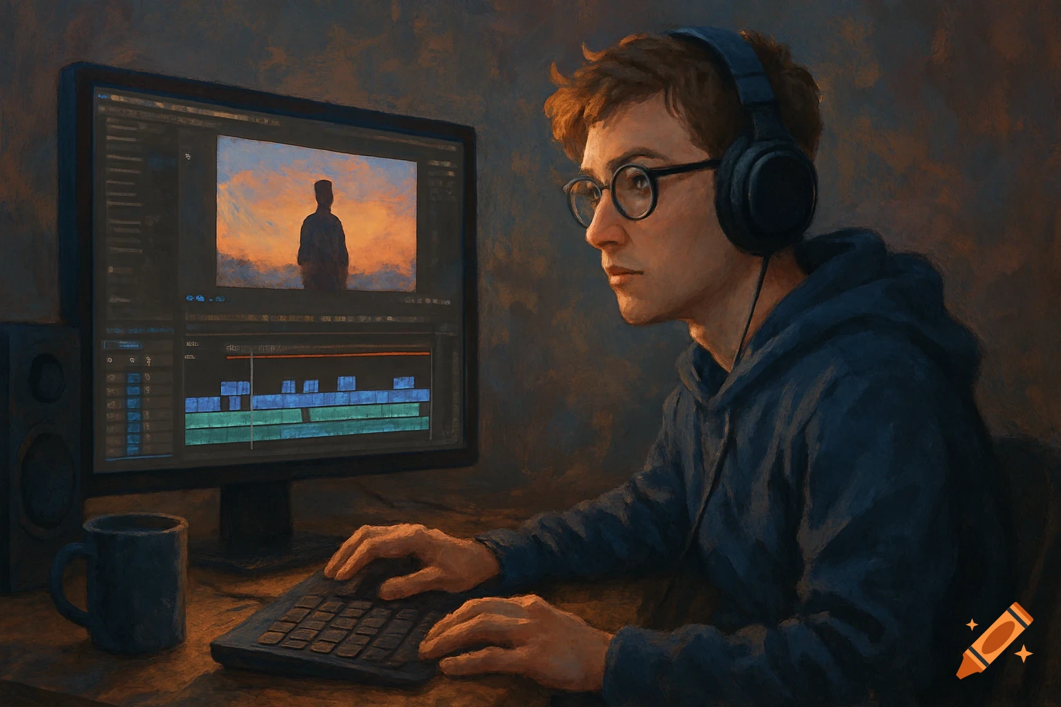 A person in headphones edits video on a computer, illuminated by screen light, in a painterly style.