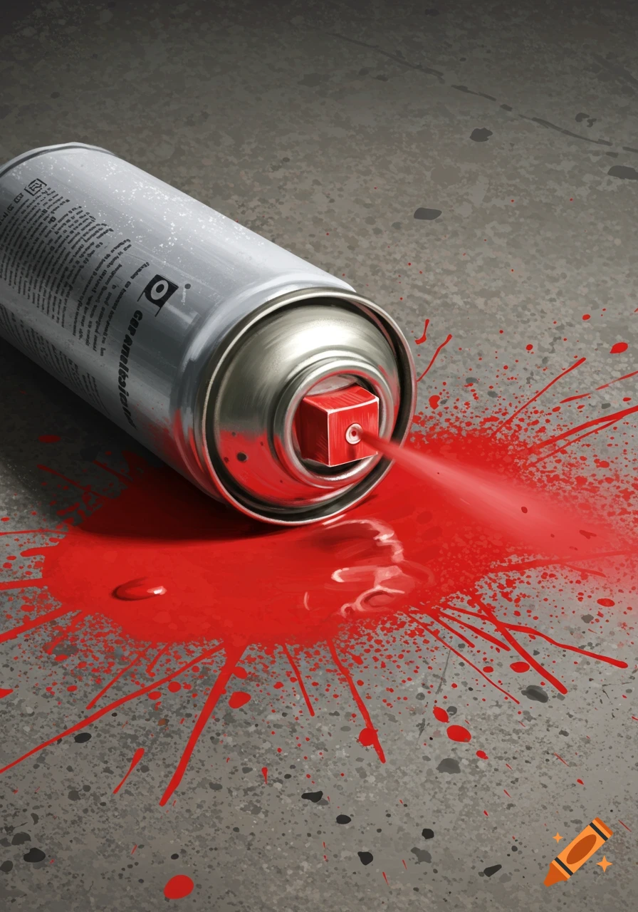 A silver spray paint can lies on a grey surface, spraying red paint onto the floor, creating a splatter puddle.