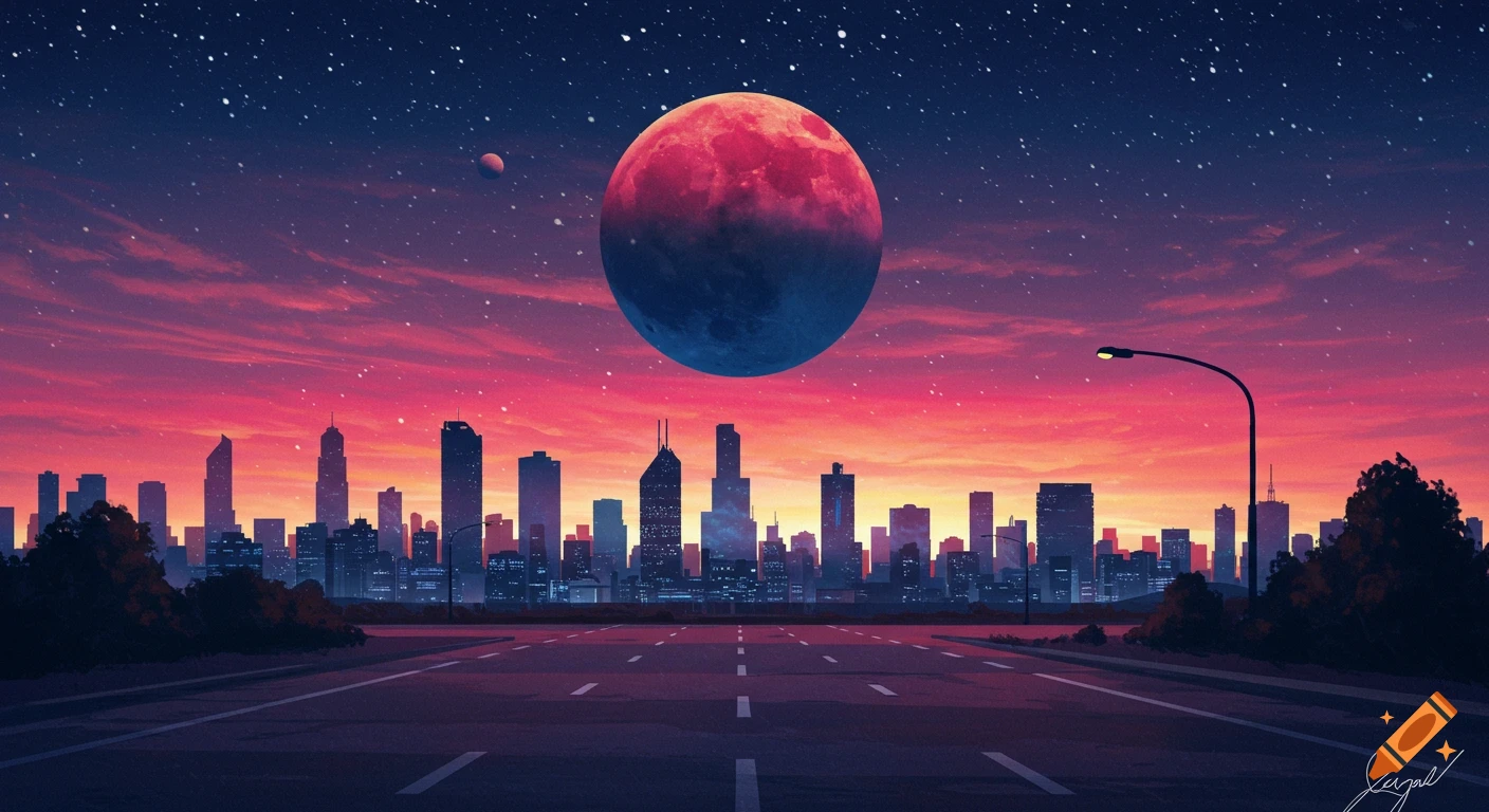 Cityscape silhouette against a vibrant purple and pink sunset sky with a large red moon and stars.