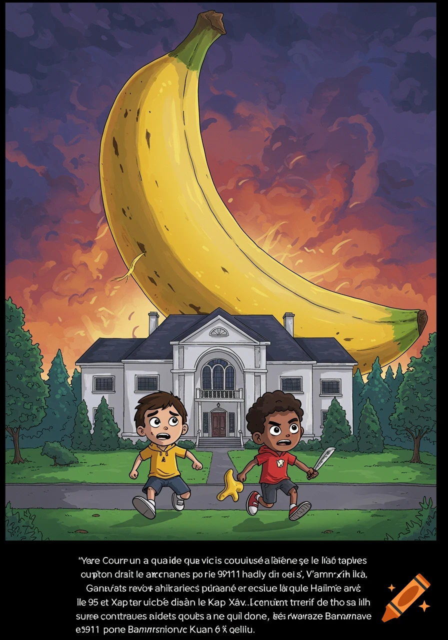 Two cartoon kids run away from a giant banana monster in front of a house at sunset.