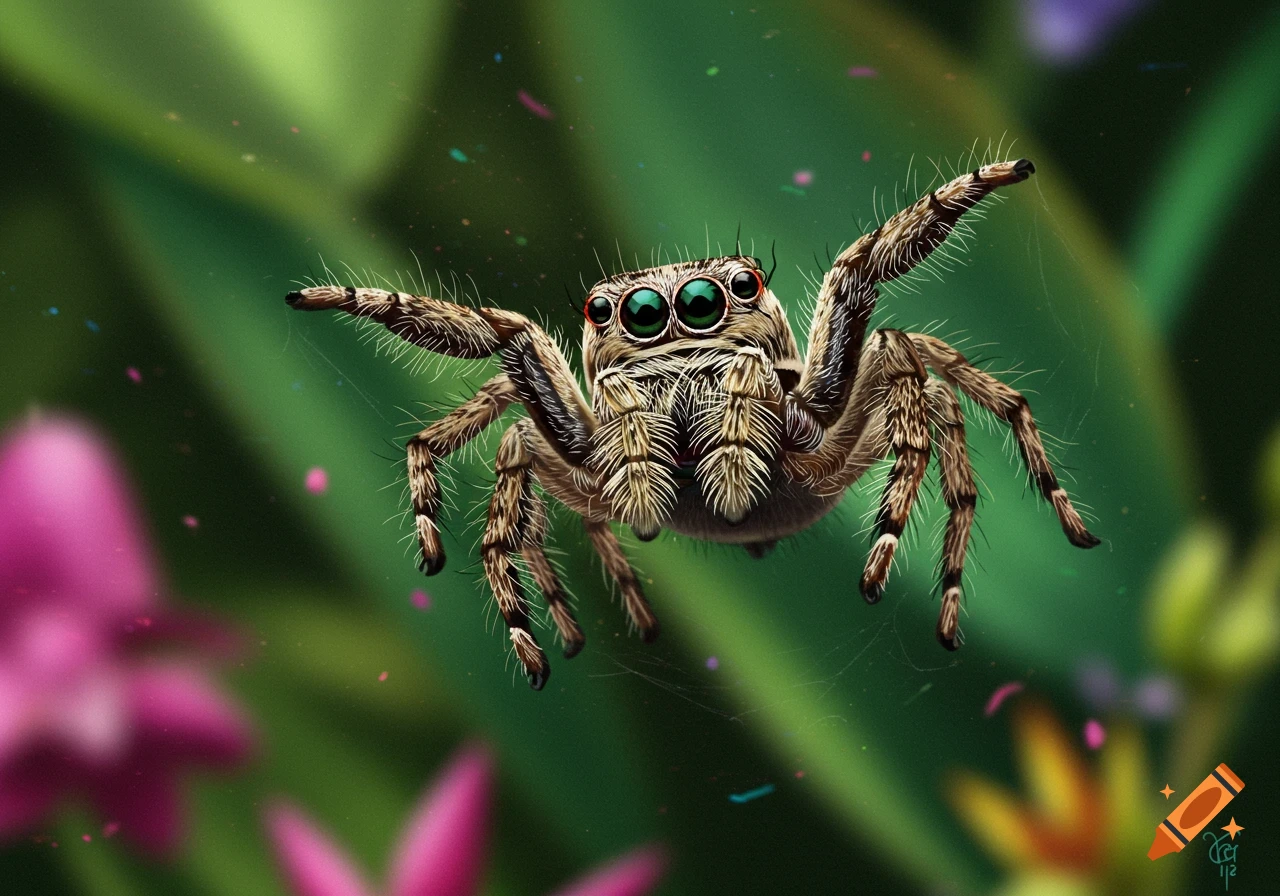 Macro shot of a jumping spider with green eyes on a blurred nature background.