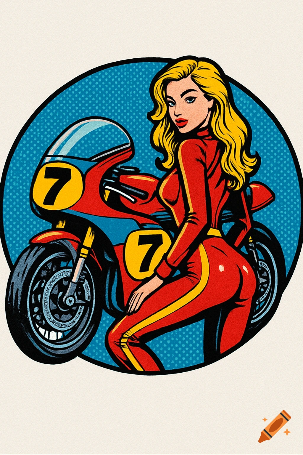 Pop art illustration of a woman in a red racing suit posing with a motorcycle showing the number 7.