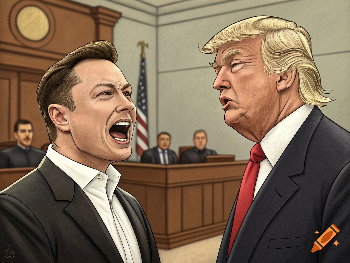 Illustration of Elon Musk and Donald Trump arguing in a courtroom.