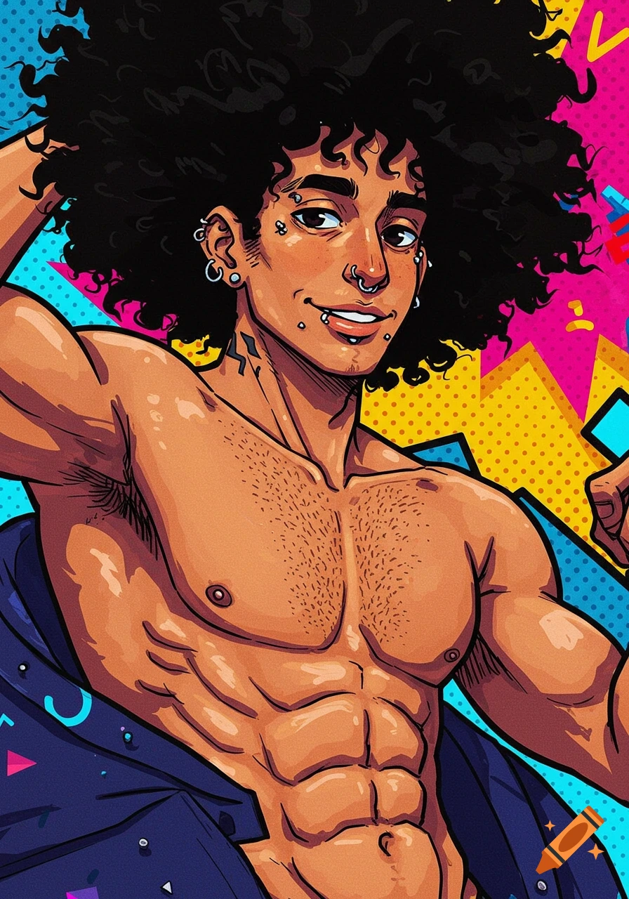 Anime/manga style muscular man with curly black hair against an 80s pattern background.