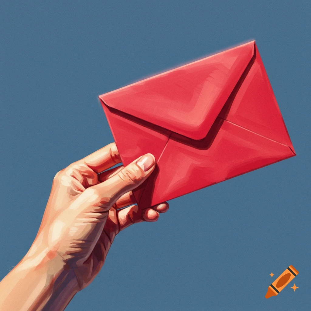 A hand holds a red envelope against a blue background in an illustrative style.
