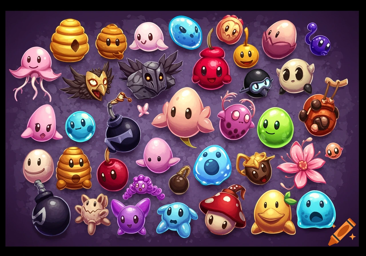 Collection of colorful, cute, stylized cartoon game asset characters and items on a dark purple background.