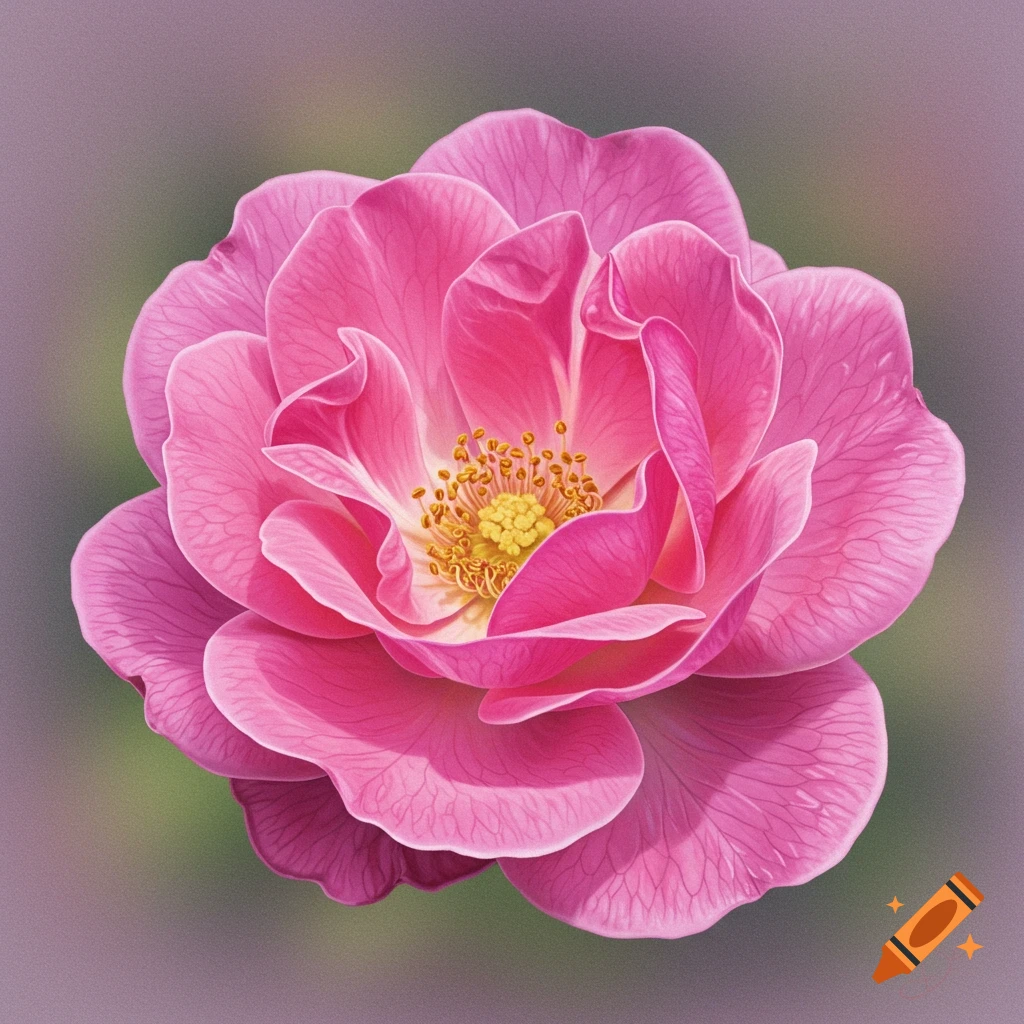 Close-up of a vibrant pink rose bloom with yellow stamen