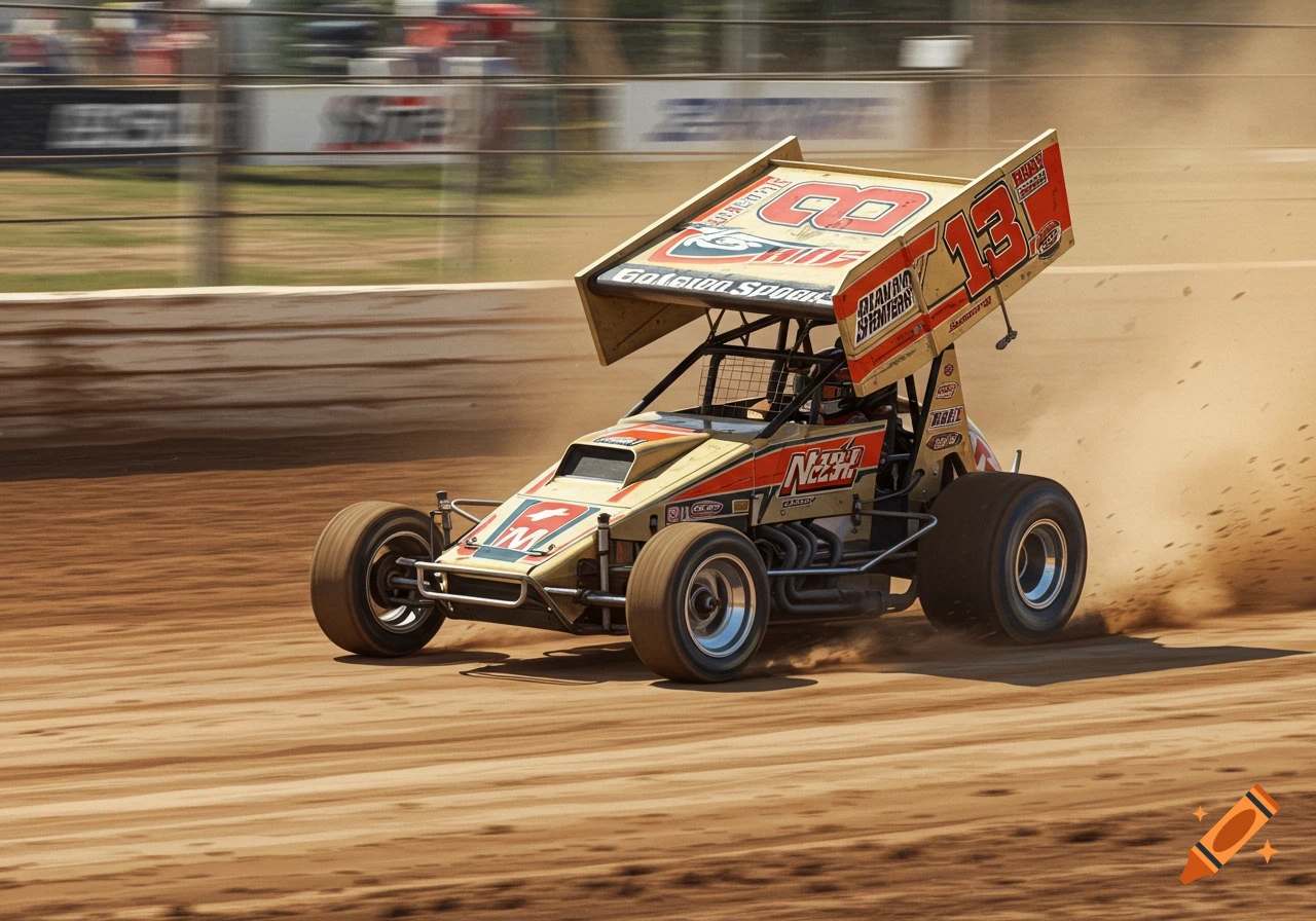 A sprint race car kicks up dirt on a track.