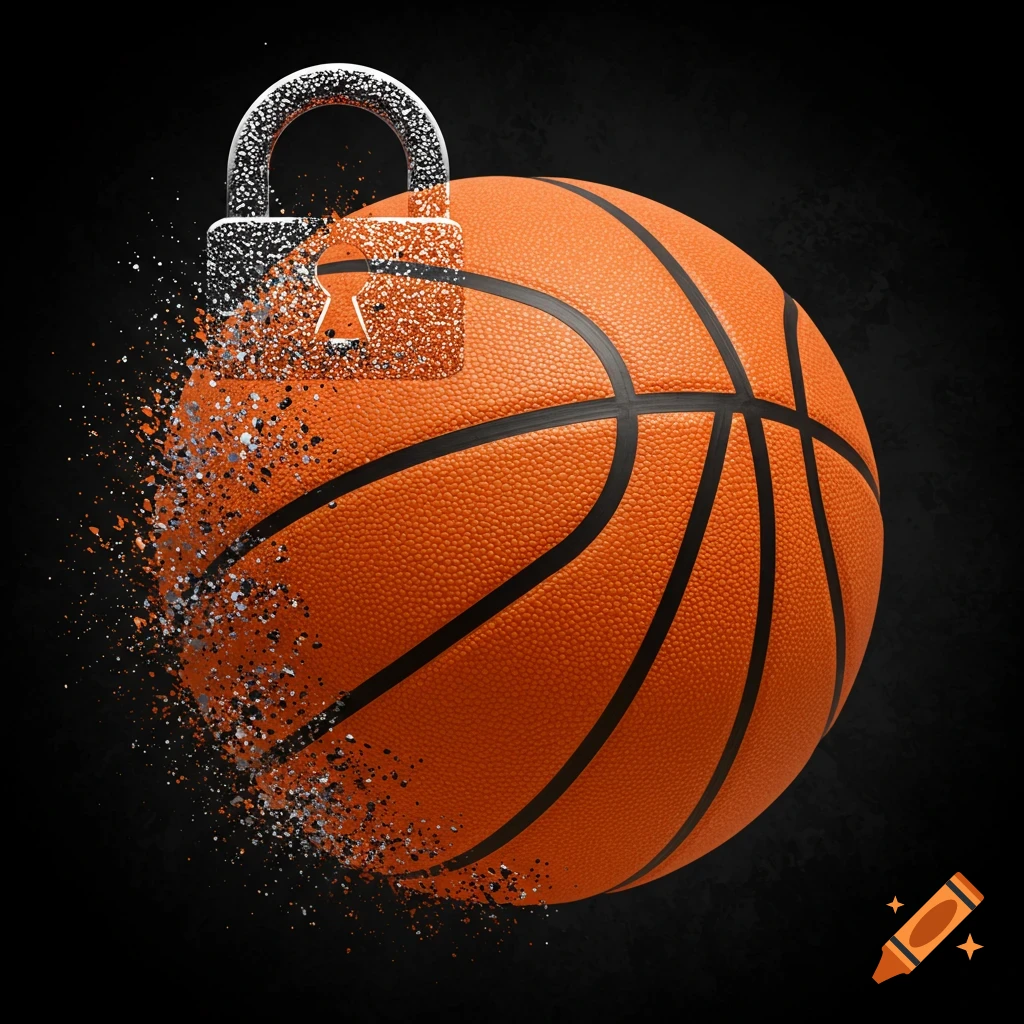 A basketball transforming into a dissolving padlock against a dark background.