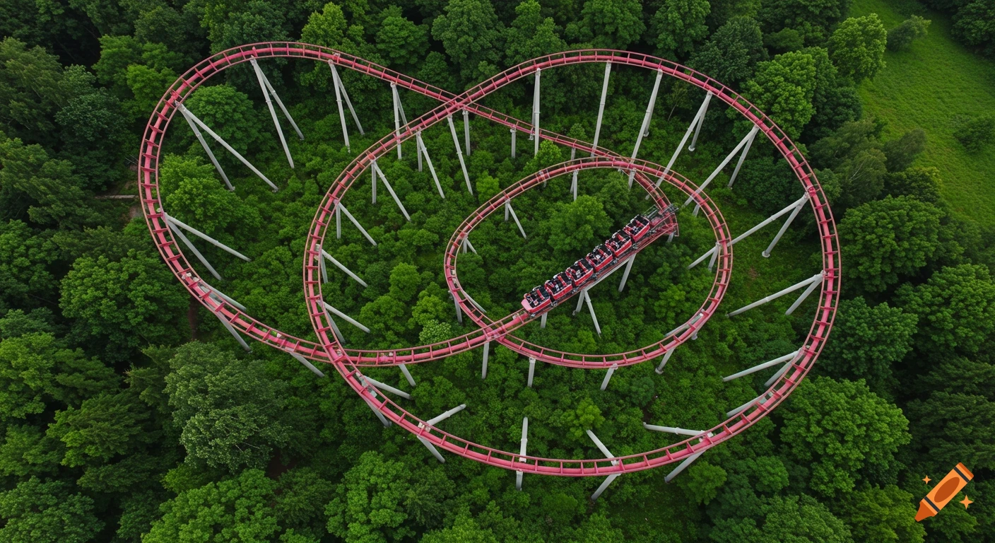 Aerial view of a pink rollercoaster track winding through a green forest with a train.