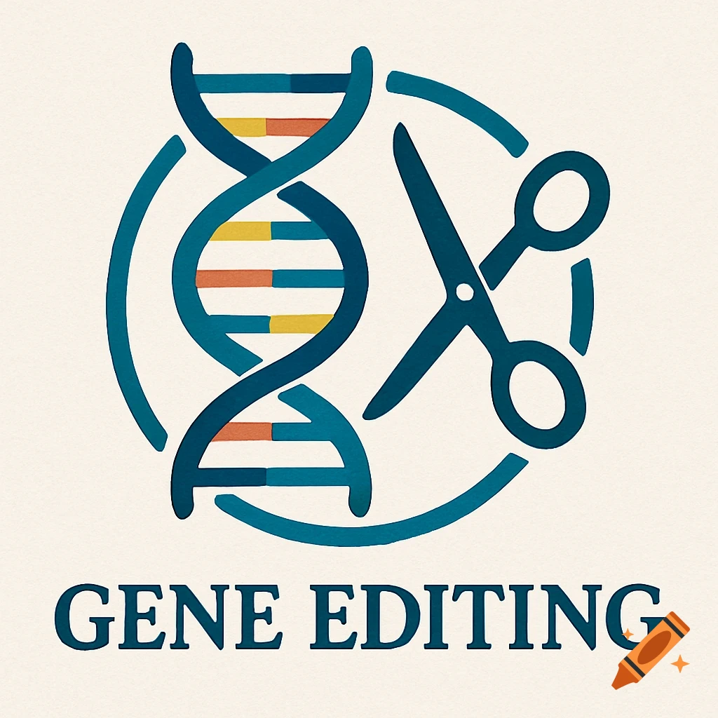 Symbolic illustration of gene editing with a DNA helix being cut by scissors and the text "GENE EDITING".
