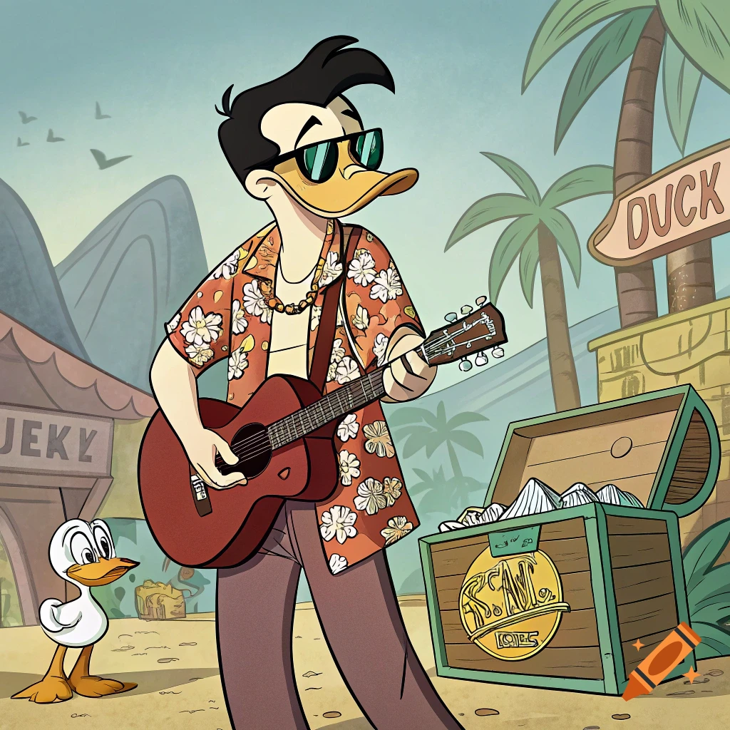 Cartoon duck character in Hawaiian shirt playing guitar next to a treasure chest.