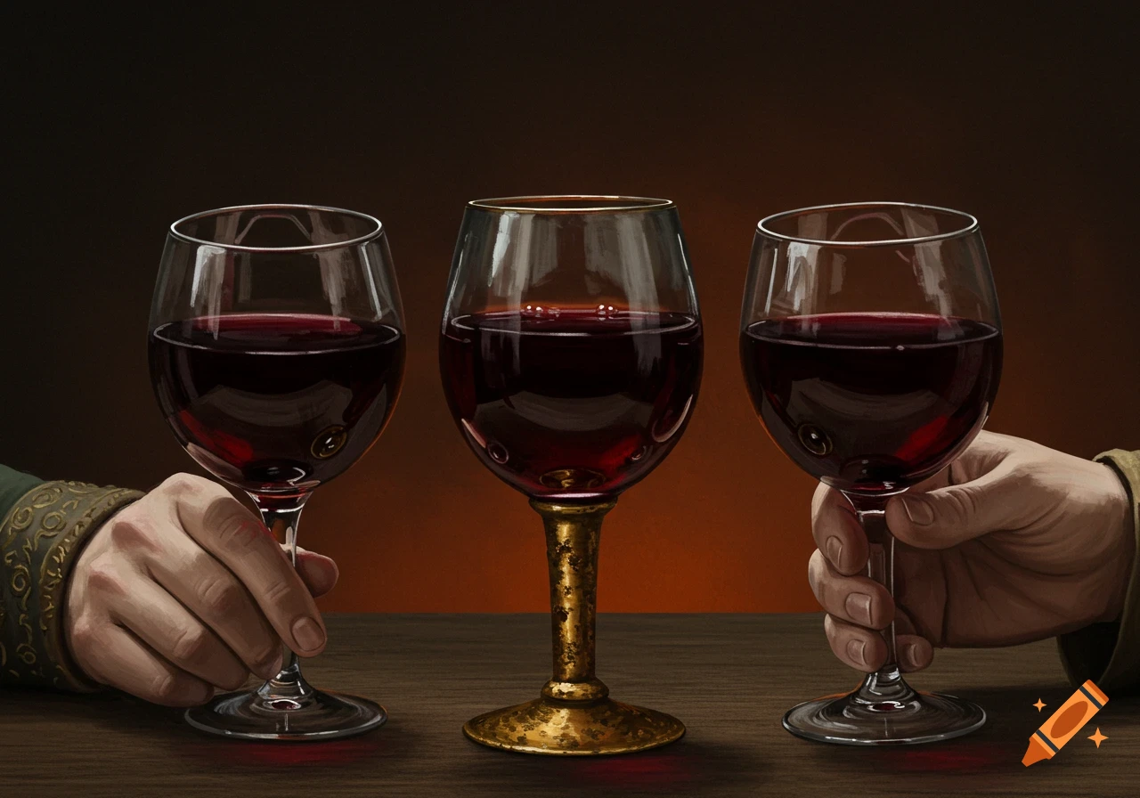 Three glasses of red wine on a table, two held by hands, in a dark room, painterly style.