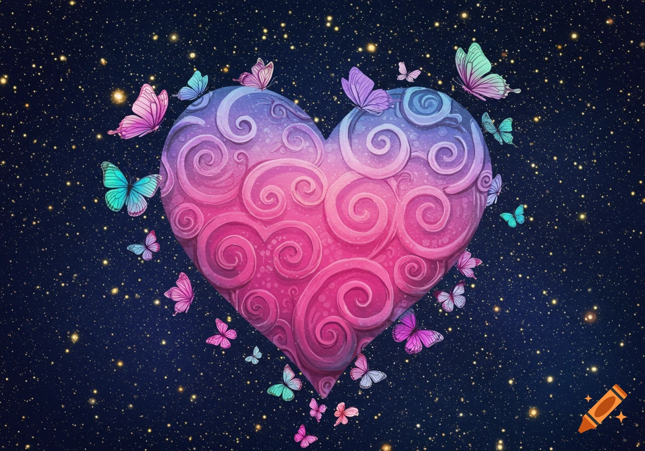 A pink and purple heart surrounded by colorful butterflies against a starry blue background.
