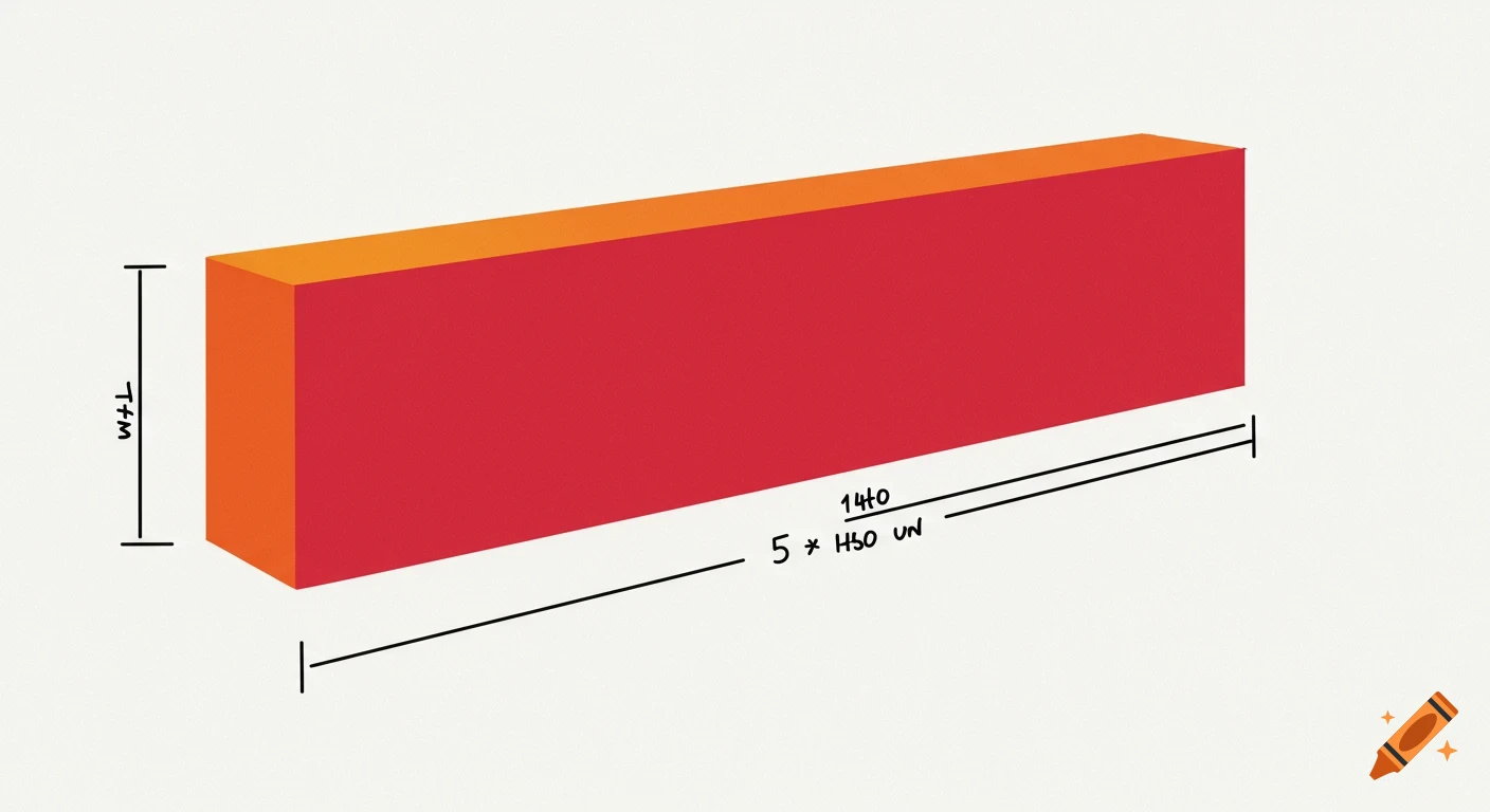 Illustration of a red and orange rectangular prism with handwritten dimension lines and text.