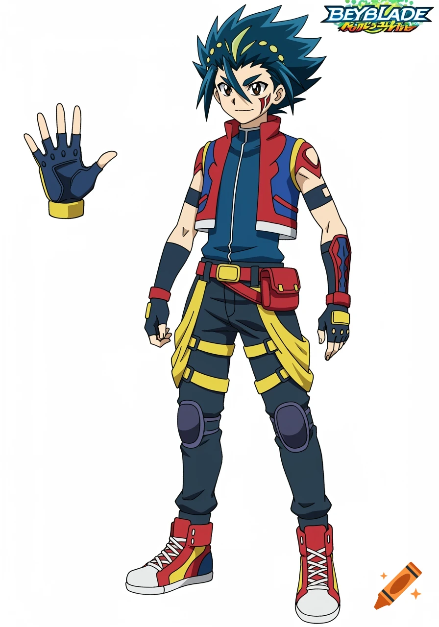 Anime character in a colorful Beyblade-inspired outfit with blue, red, and yellow accents, arm guards, and high-top shoes.