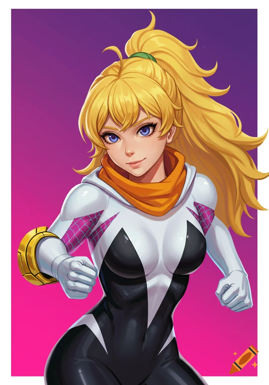 Close-up of a blonde woman in a white and black Spider-Gwen costume with orange scarf and gold cuff