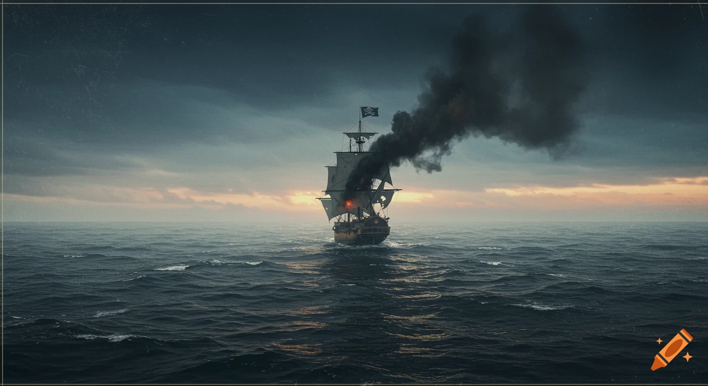 A pirate ship sends up a distress smoke signal on a rough sea under a cloudy sky at sunset.