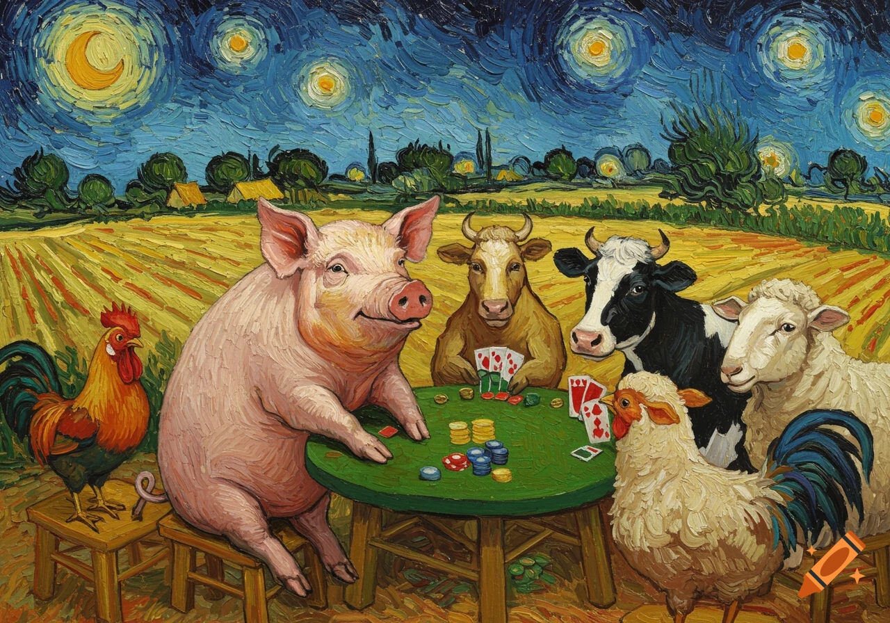 A pig, cow, sheep, and chickens play poker at a table in a field under a starry night sky, in the style of a Van Gogh painting.