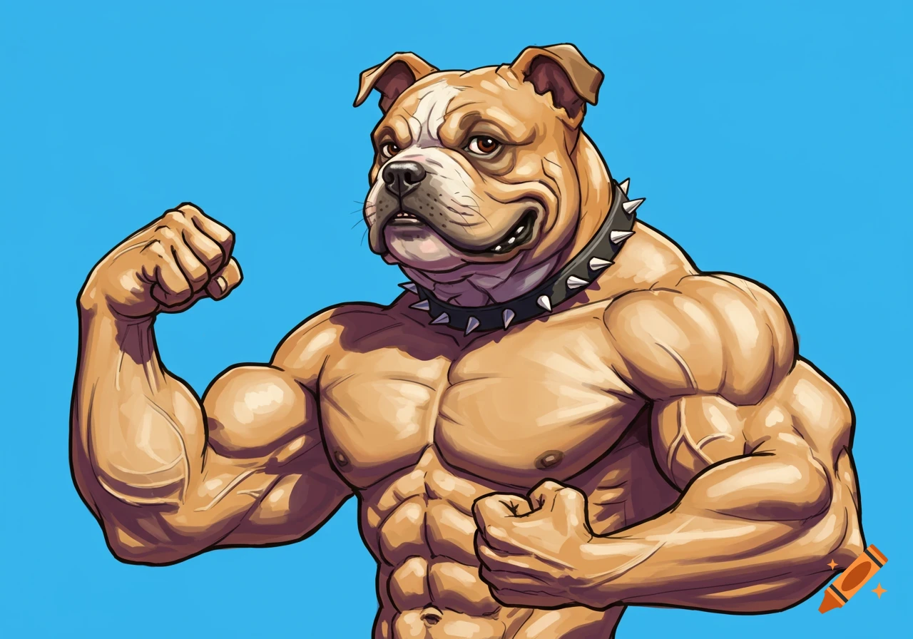 Cartoon illustration of a muscular bulldog flexing