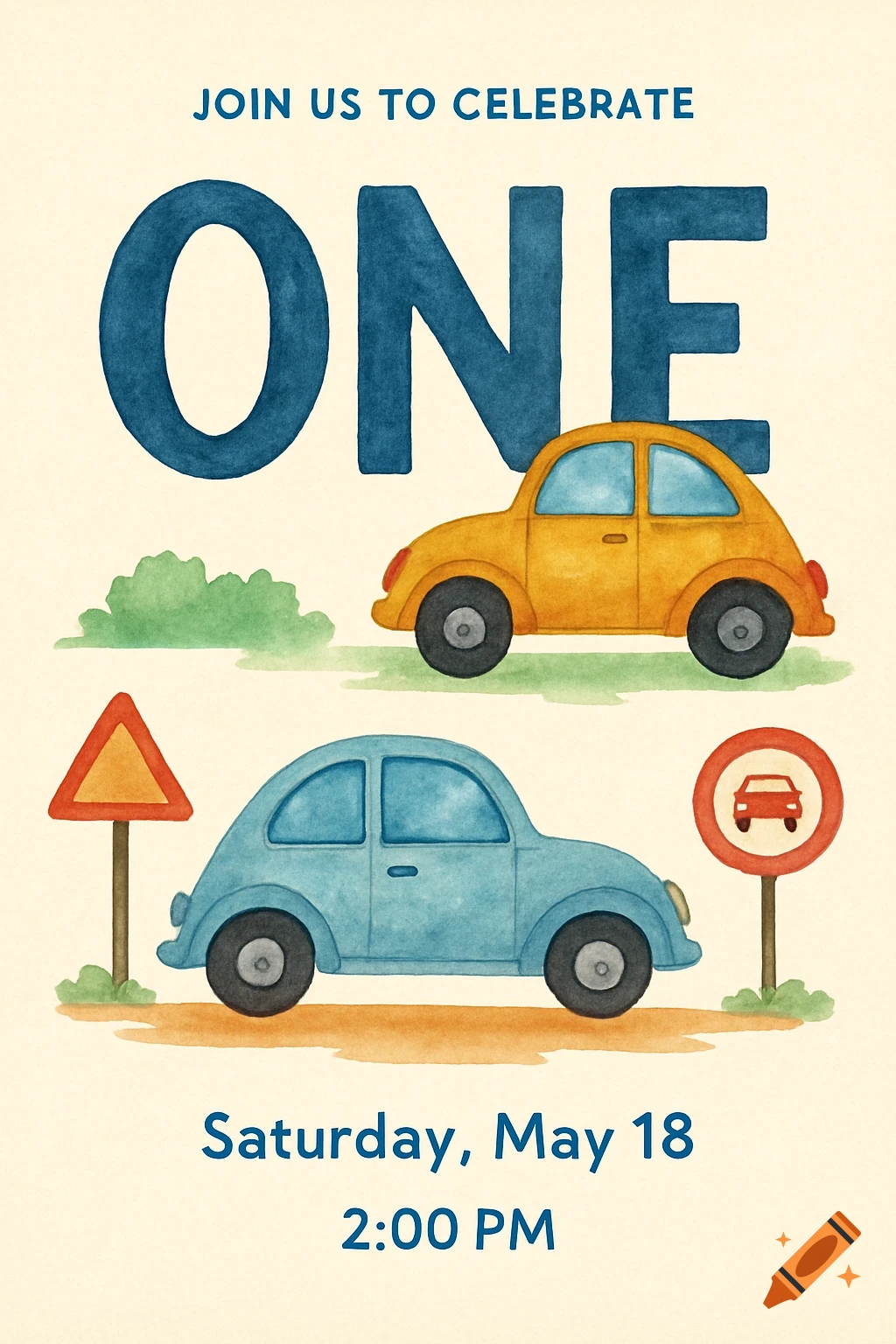 Watercolor illustration of a 1st birthday invitation with cars, road signs, and event text like 'ONE' and date/time.