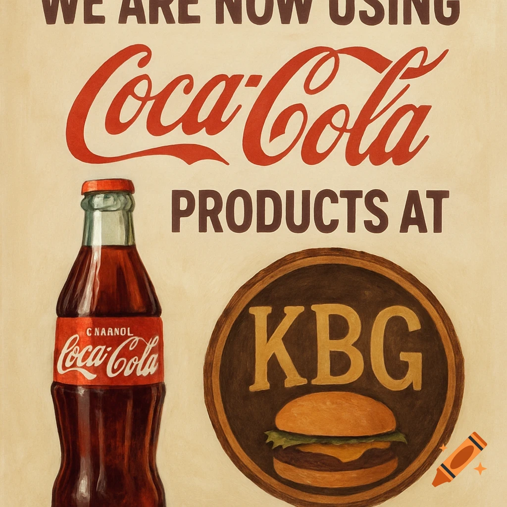 Vintage style marketing flyer for KBG using Coca-Cola products, featuring a bottle and logo with a hamburger.