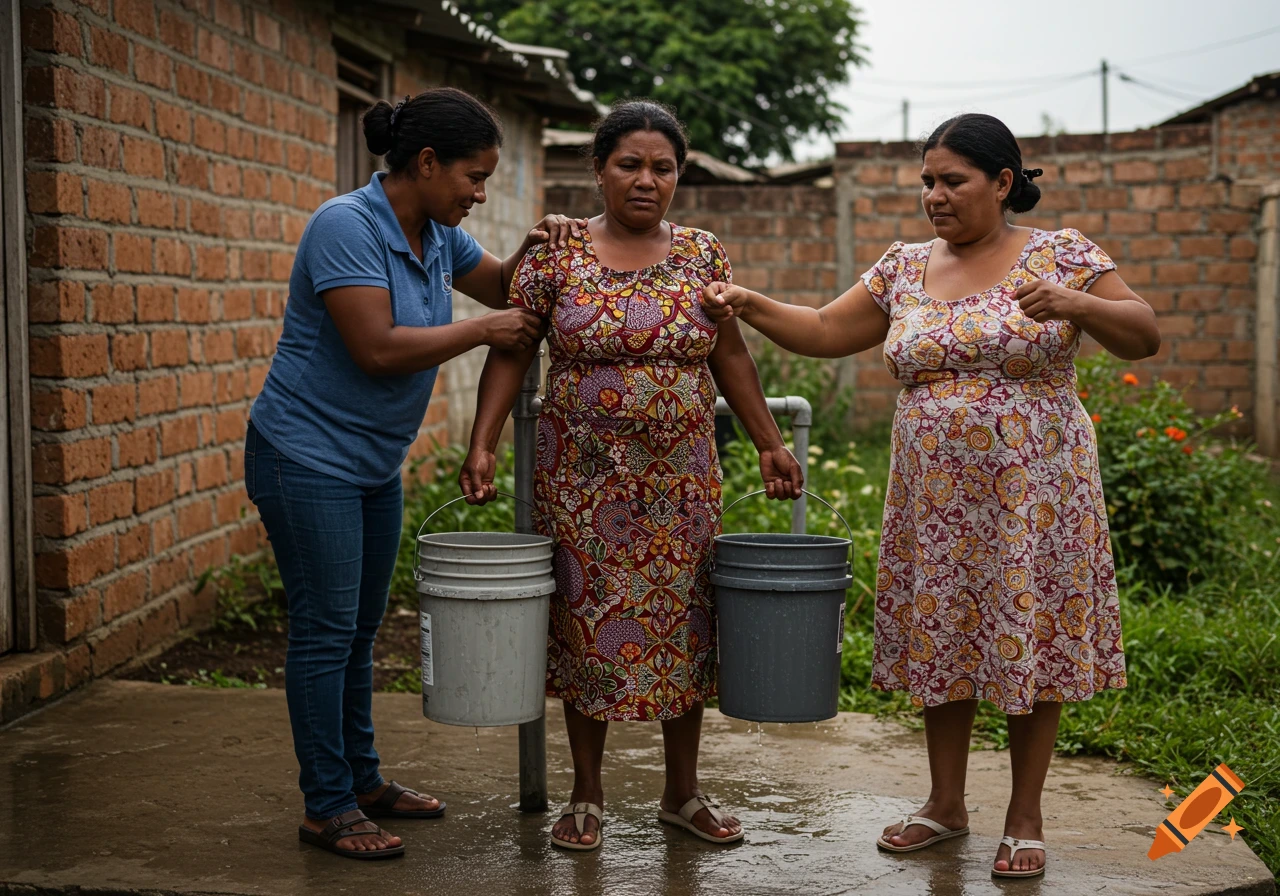 Three women assist another woman carrying two water buckets near a tap.