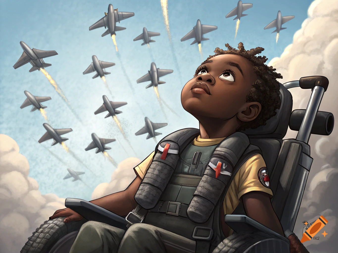 Illustration of a child in a wheelchair looking up at military jets flying overhead.