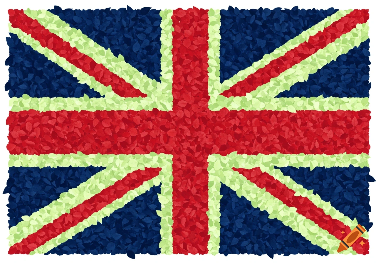A Union Jack flag made entirely of red, white, and blue leaves.