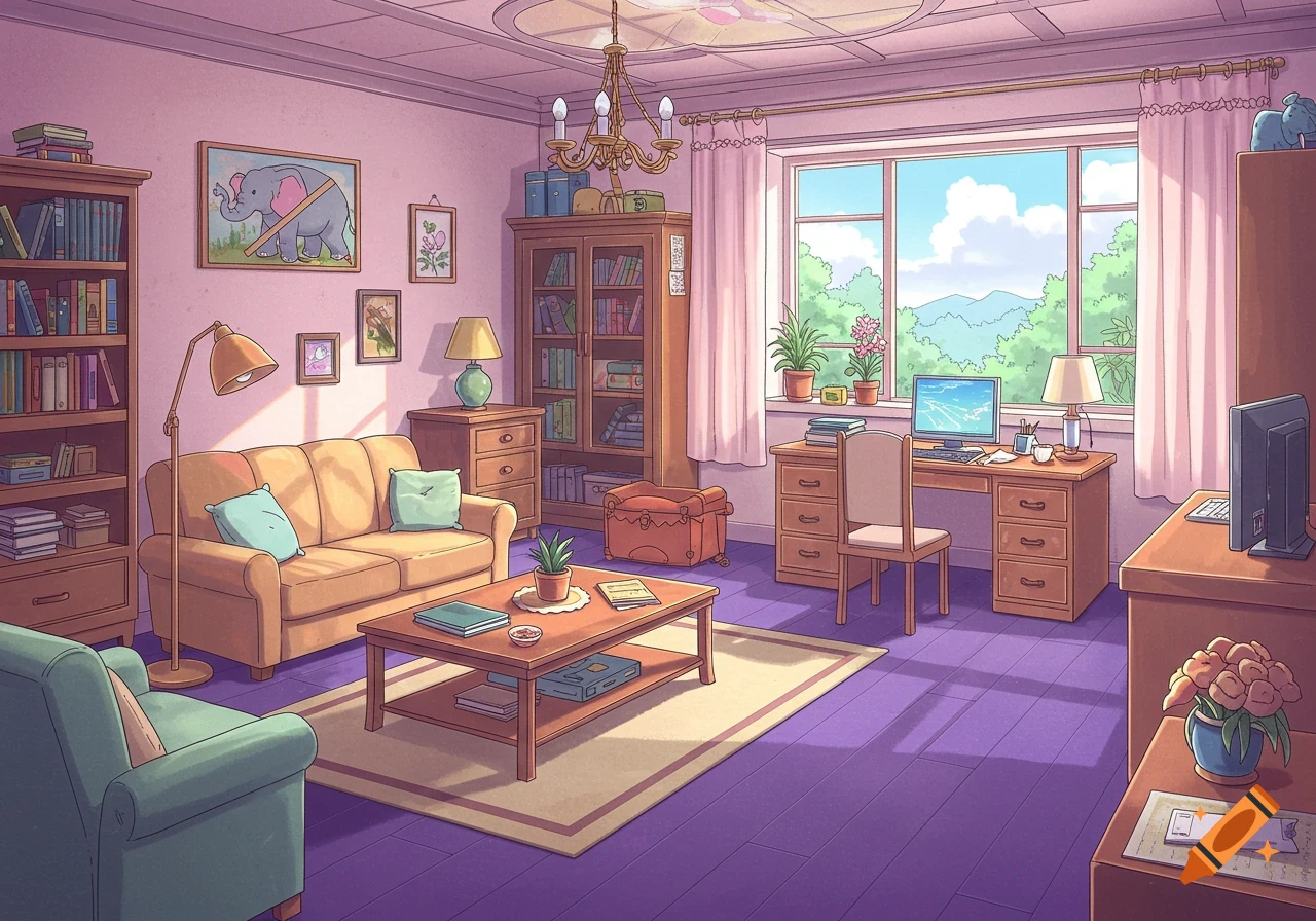 Anime style illustration of a cozy, sunlit room with a couch, desk, and full bookshelves.