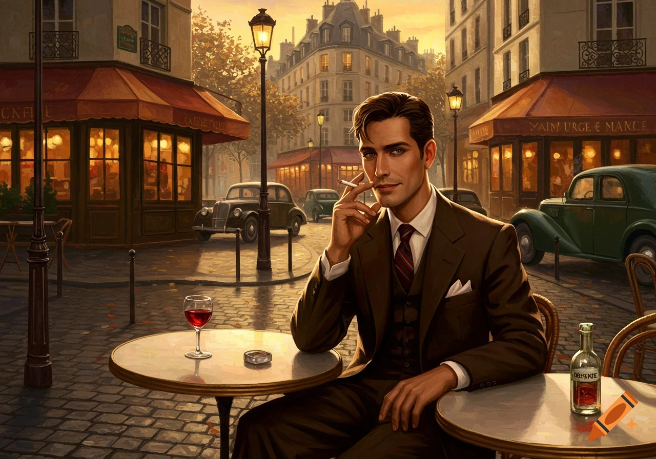 An oil painting of a man smoking at a cafe table in a 1950s Parisian street scene at sunset.