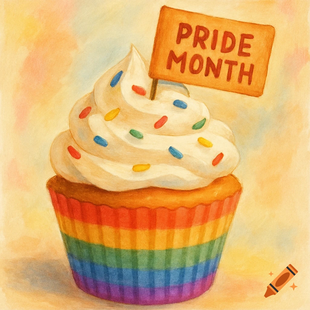 Watercolor illustration of a cupcake with a rainbow wrapper and a flag reading "Pride Month".