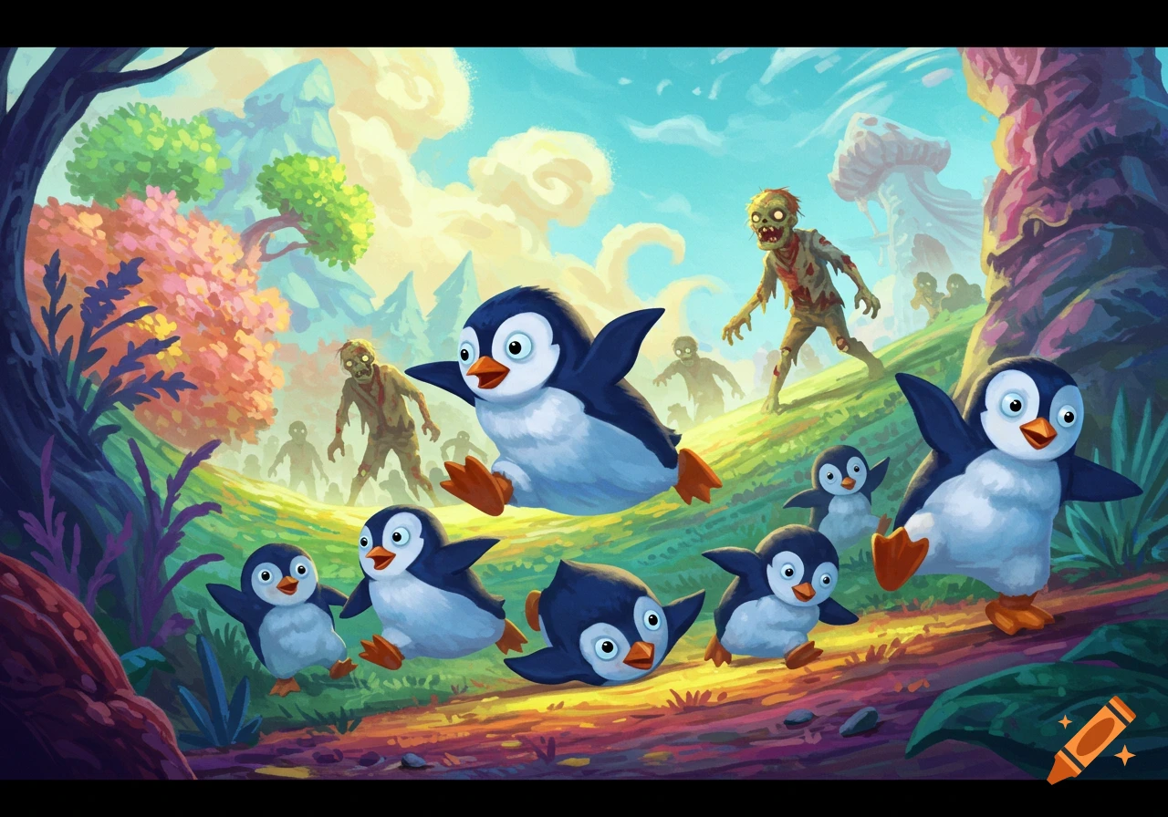 Cartoon penguins run from zombies in a colorful landscape.