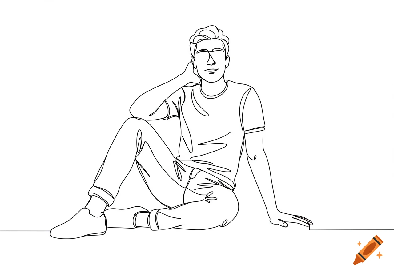 A single continuous line drawing of a man sitting.