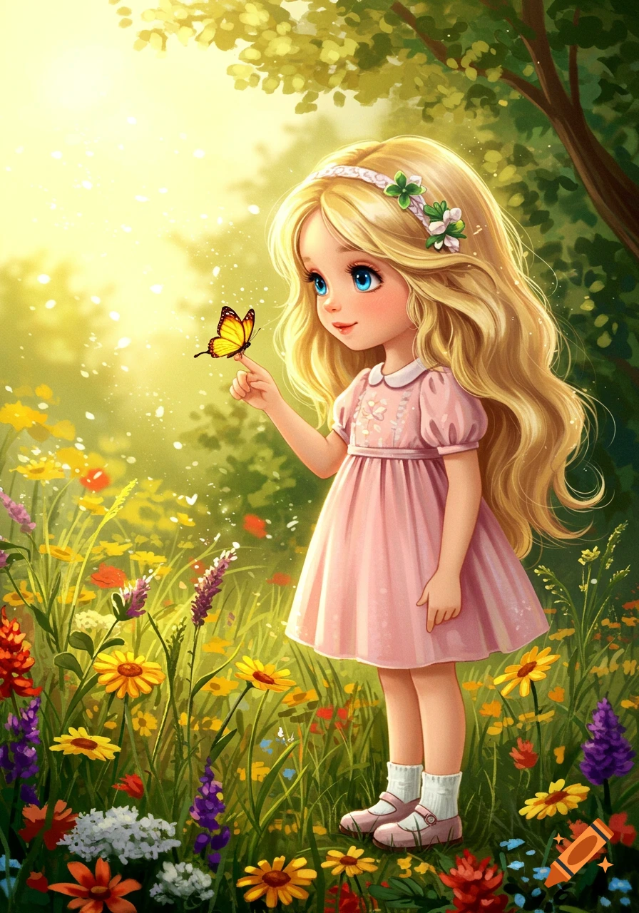 A blonde girl in a pink dress stands in a field of flowers, looking at a butterfly on her finger, in a digital illustration.