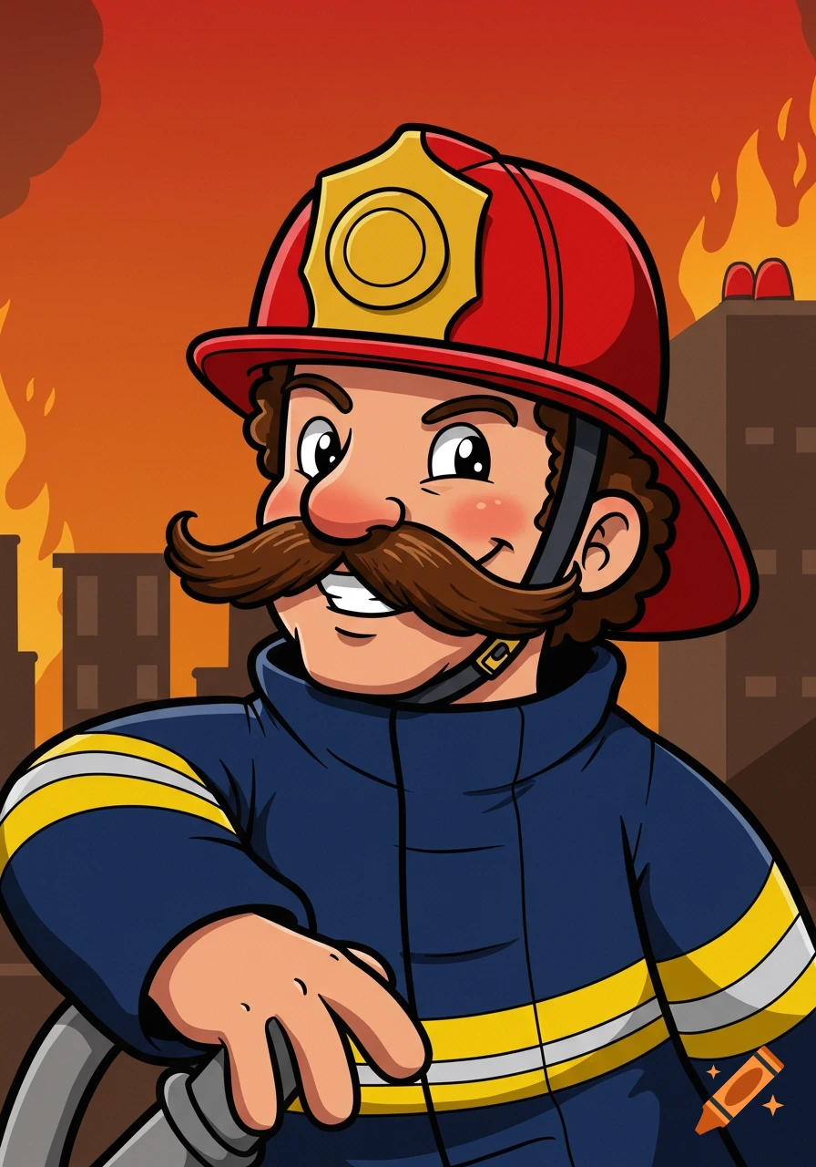 A cartoon firefighter with a large mustache and red helmet stands in front of a burning building, holding a hose.
