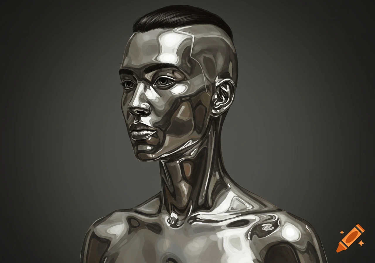 Close-up portrait of a person with highly reflective metallic skin and a fade haircut.