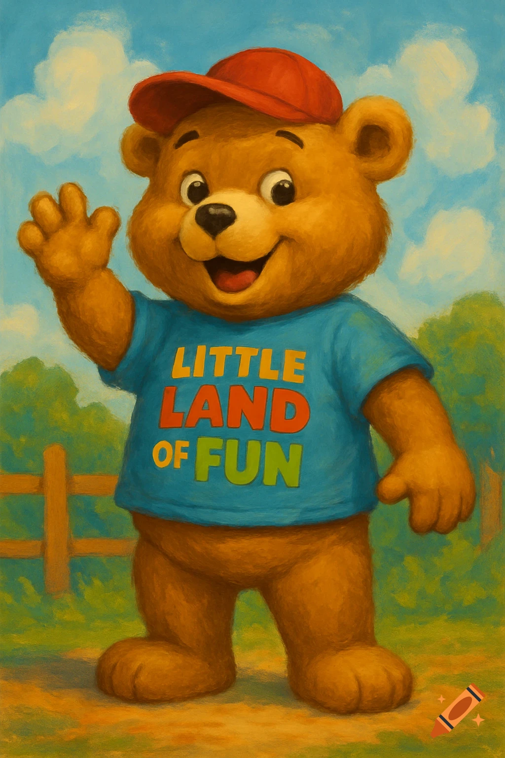 A cartoon bear mascot wearing a blue t-shirt and red cap waves in a field, painted in a children's book style.