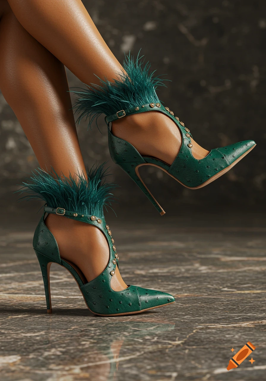 Close-up of legs wearing green high heels with feathers and jewels on a marble floor.