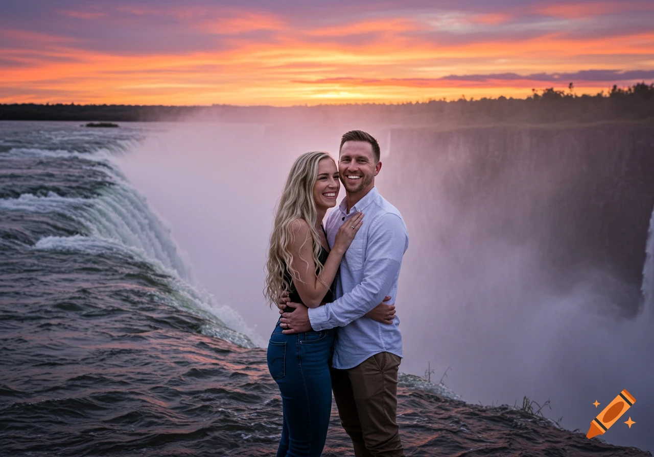 A couple embraces by a waterfall at sunset.