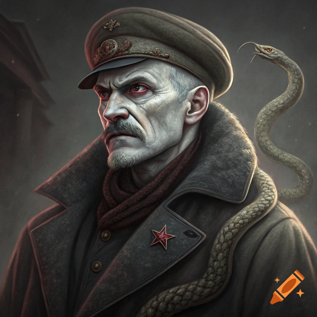 Portrait of a gaunt man resembling Voldemort and Lenin in uniform with a snake.
