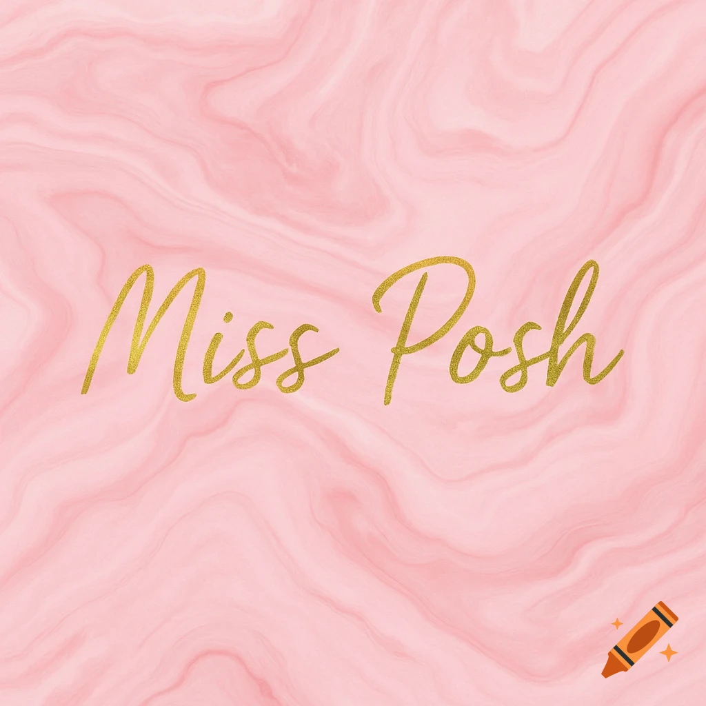 Gold cursive text Miss Posh on a pink marbled background.