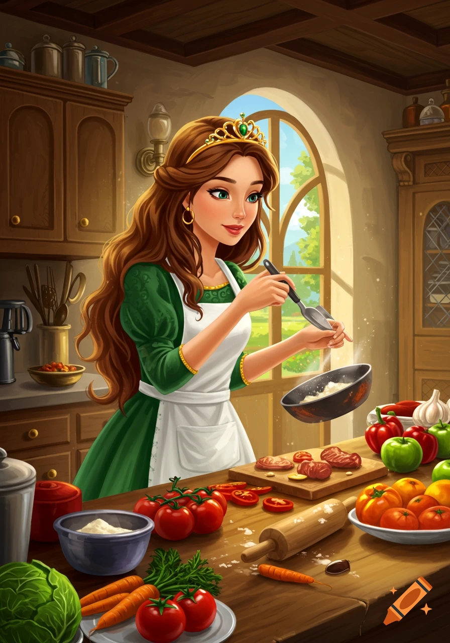 An illustration of a princess with brown hair cooking in a detailed kitchen.