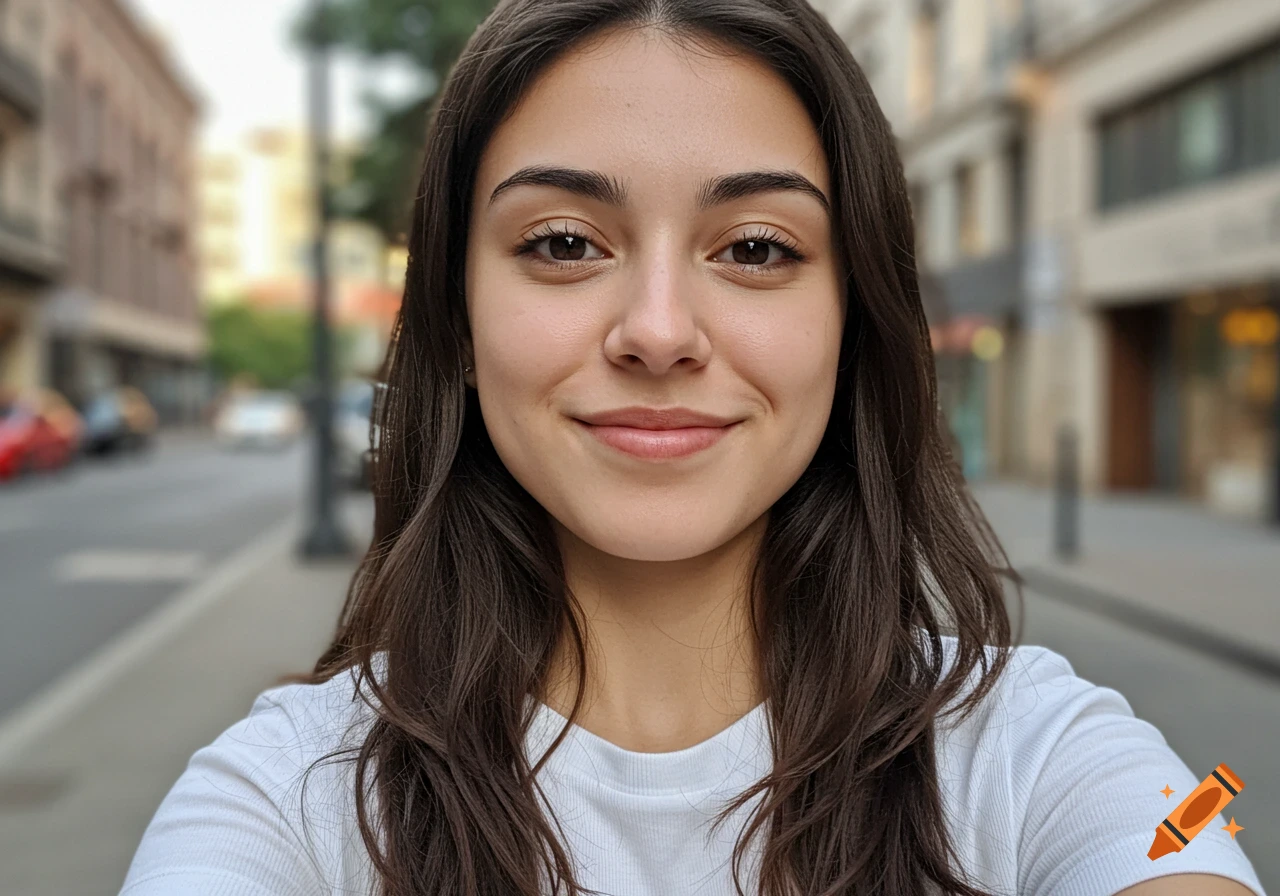 Young woman smiling in a street, portrait with blurry background.