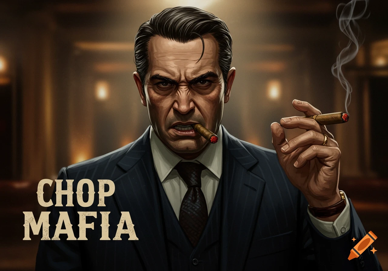 Illustrated portrait of an angry mafia boss smoking a cigar, with text 'CHOP MAFIA'