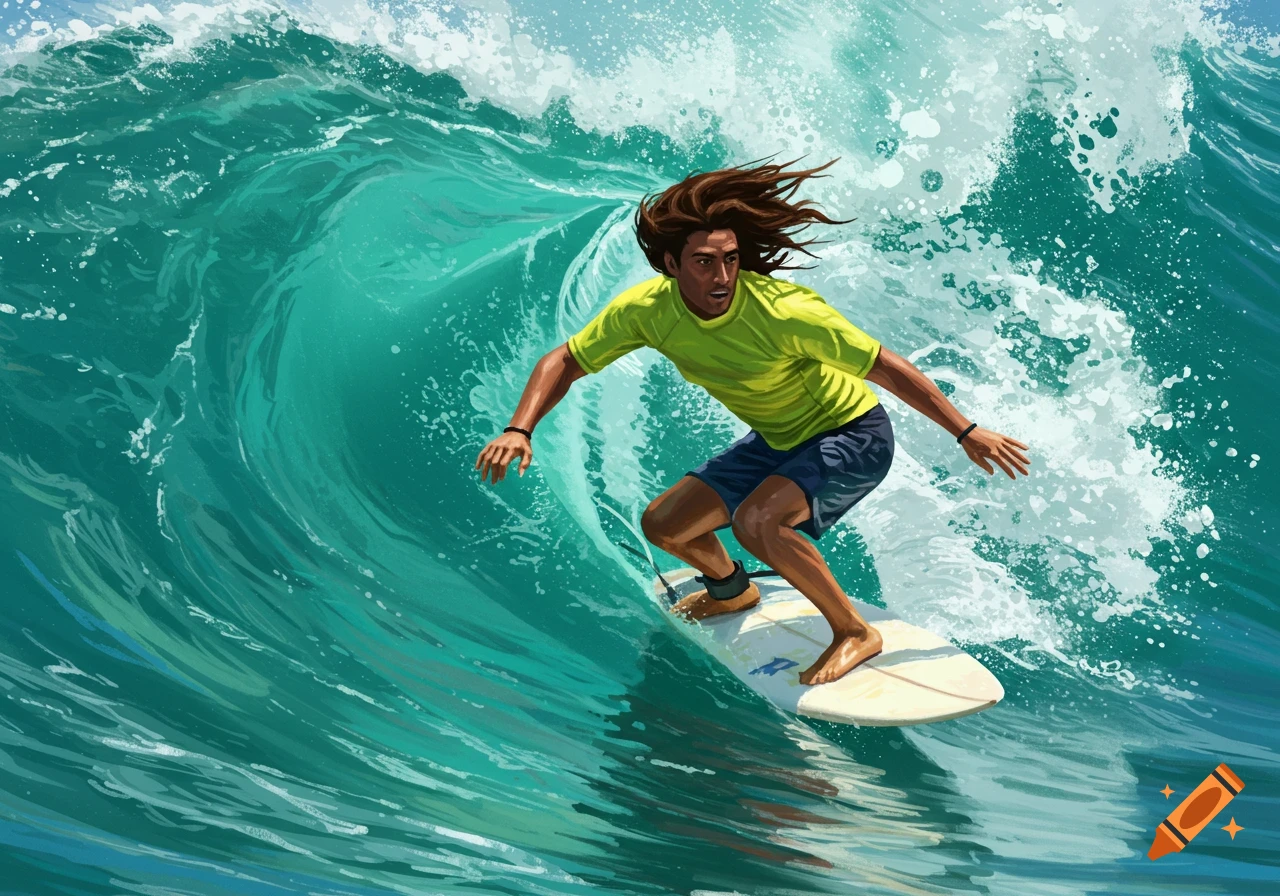 Illustration of a surfer riding a large wave