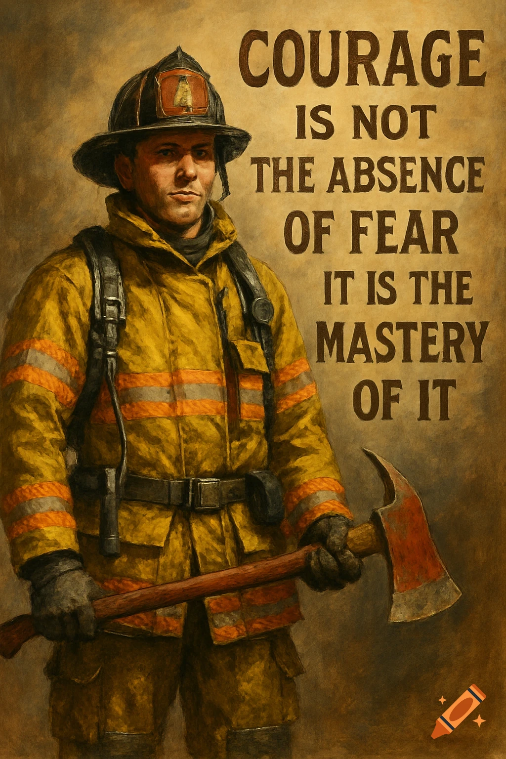 Painterly illustration of a firefighter in gear holding an axe, with an inspirational quote about courage.